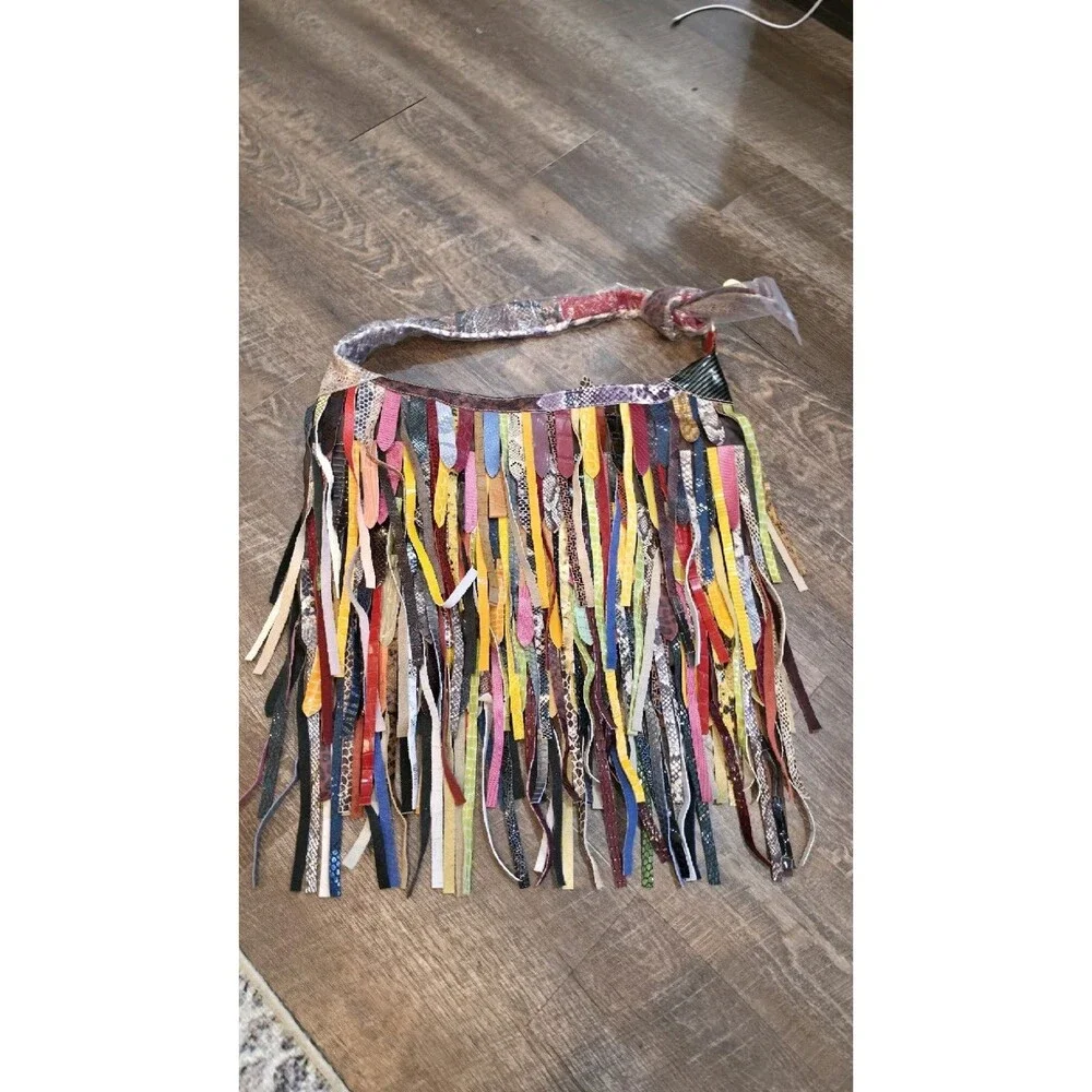 Multicolor Fringe Shoulder Bag Animal Print Zip Gold Hardware Women Leather - Picture 5 of 15